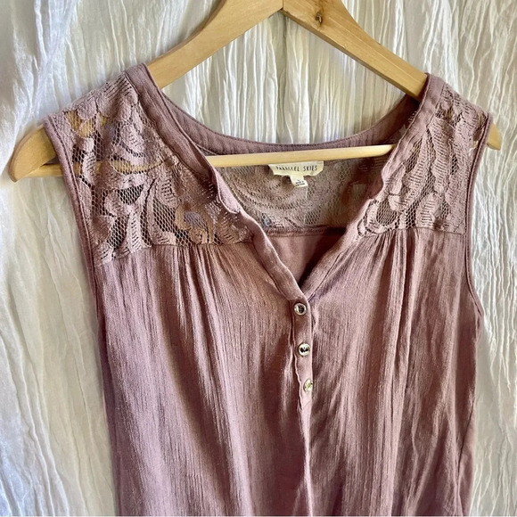 Parallel Skies Mauve Taupe Lace Tie Tank Blouse, L - Picture 1 of 8